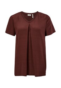 T-shirt maroon à manches courtes en V avec un détail plissé à l'avant. Fabriqué en tissu lisse, il offre une coupe décontractée et un ourlet droit.