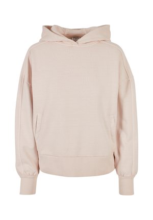 Lichtroze hoodie met een voorzak, lange mouwen en geribbelde manchetten. Gemaakt van zachte materialen met een relaxte pasvorm en een capuchon met trekkoord.