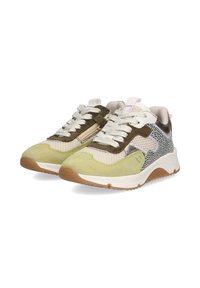 Sneakers met een bovenwerk van mesh en suède, met lichtgroene, tan en gevlekte accenten. Witte tussenzool en rubberen buitenzool. Vetersluiting.