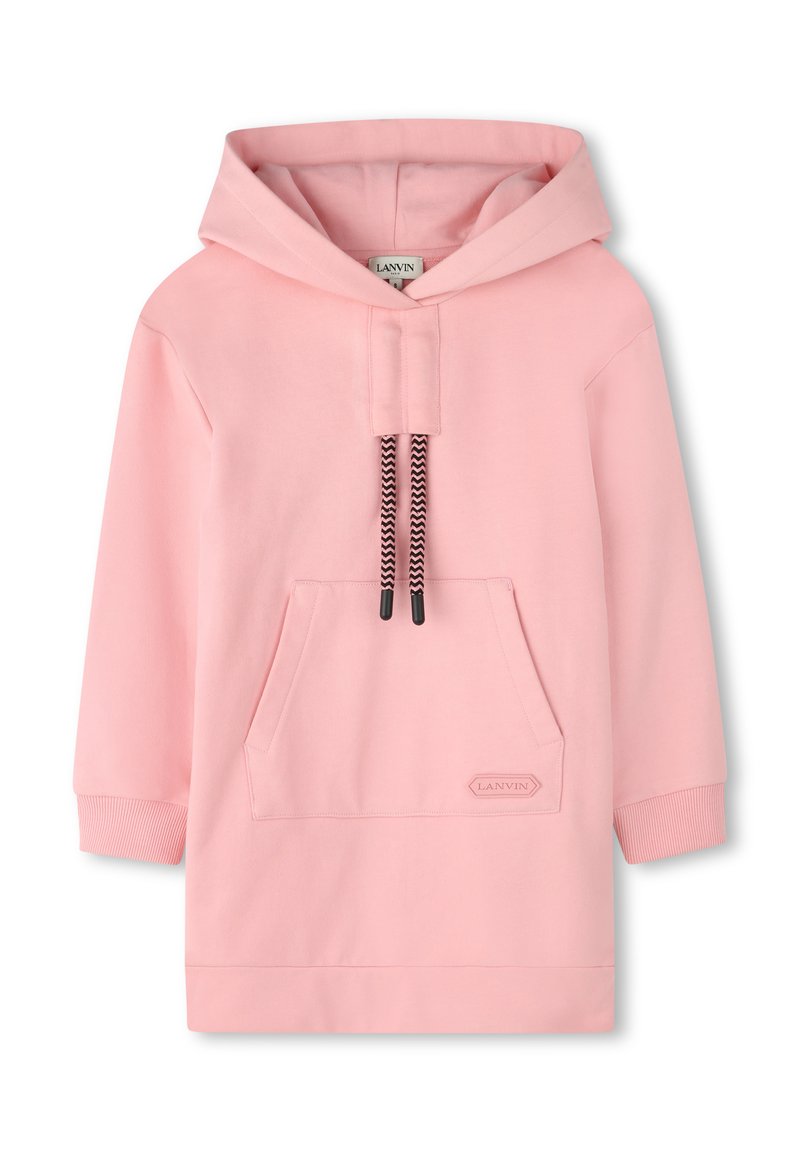 Felpa con cappuccio rosa realizzata in morbido cotone, con tasca frontale, coulisse nera e polsini a coste. Logo Lanvin sull'orlo.