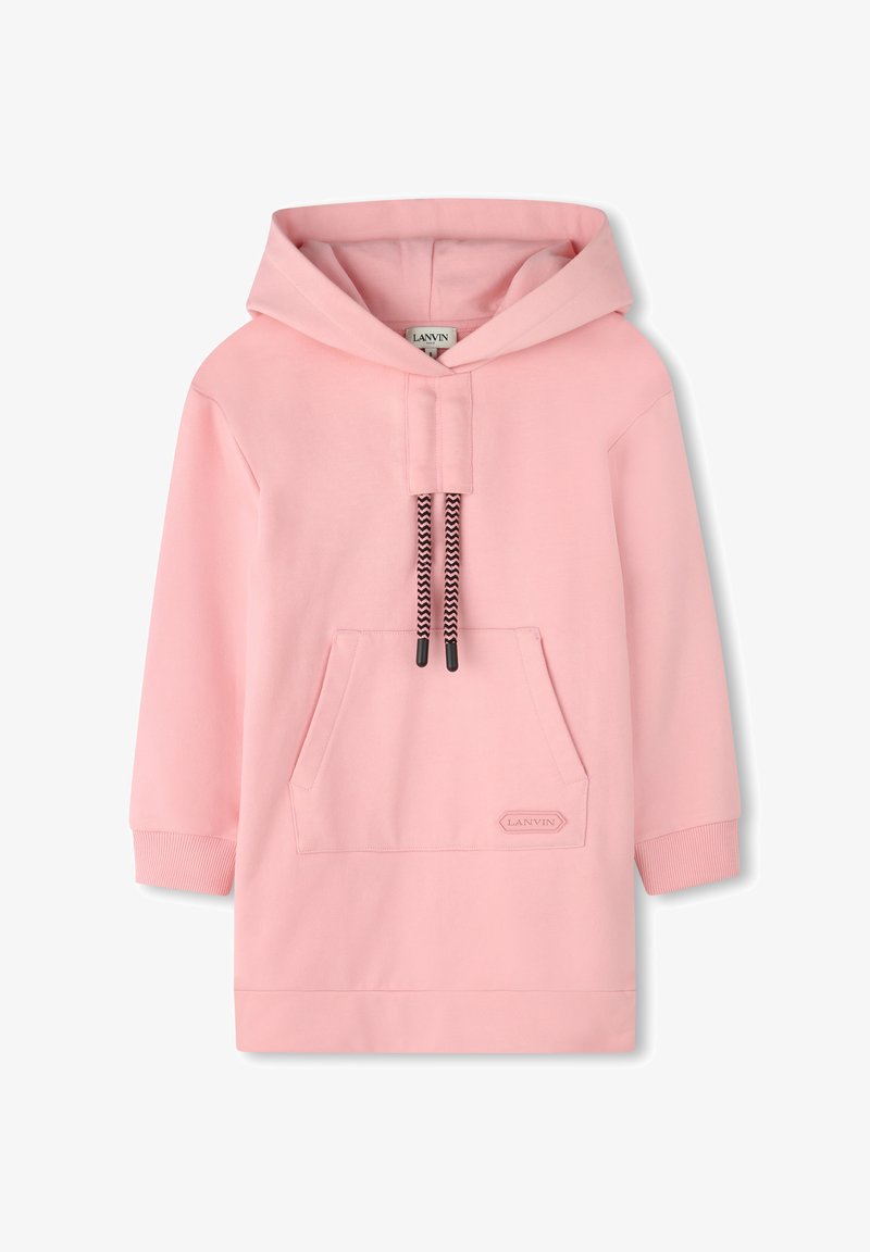 Różowa bluza z kapturem wykonana z miękkiej bawełny, z przednią kieszenią, czarnym sznurkiem i ściągaczami. Logo Lanvin na dole.