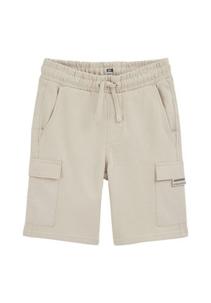 Beige Shorts mit elastischem Bund, Seitentaschen, Kordelzug und Klappentaschen auf beiden Seiten.