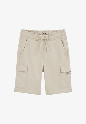Bézs színű elasztikus derékú rövidnadrág oldalzsebekkel, húzózsinórral és mindkét oldalon cargo flap zsebekkel.