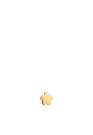 Piccolo orecchino a bottone a forma di fiore in oro lucidato, con petali arrotondati su una superficie riflettente bianca.