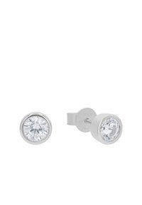 Orecchini a perna in argento sterling con un centro in zirconia cubica rotonda e trasparente, incastonata in una montatura circolare con finitura lucida.