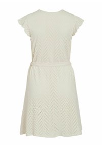 Kurzes, ärmelloses Kleid in hellbeige mit einem Chevron-Auschnittmuster und einem gebundenen Bund für eine taillierte Silhouette.