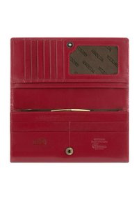 Portafoglio in pelle rossa con diversi scomparti per carte, una finestra trasparente per l'ID, una tasca interna e una chiusura a scatto in tono oro. Texture liscia con branding.