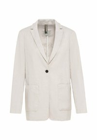 Lichtbeige linnen blazer met een enkele knoopsluiting, twee voorzakken en een geknipt revers. Gelaagd stof met een getailleerde pasvorm.
