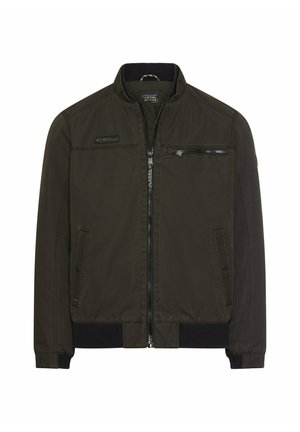 Dunkel olivgrüne Jacke mit Reißverschluss, Rippkragen, Bündchen und Saum, mit zwei Seitentaschen und einer Brusttasche mit Reißverschluss.