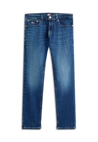 Temno modre jeans hlače iz jeansa s pravim krojem, bledimi detajli, petimi žepi in subtilnim šivom. Imajo zapenjanje na gumb in zadrgo.