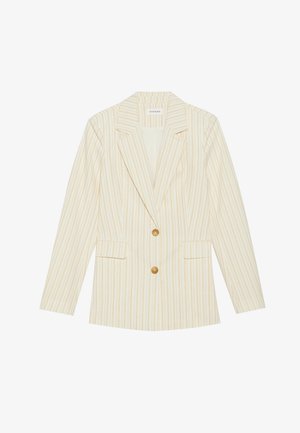 Witte blazer met subtiele gele verticale strepen. Voorzien van een opstaande revers, twee voorzakken en twee gouden knopen. Glad van textuur.