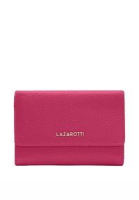 Portafoglio in pelle rosa con finitura texturizzata, accessori in metallo dorato e il nome del marchio "LAZAROTTI" impresso sul davanti. Design rettangolare piegato.
