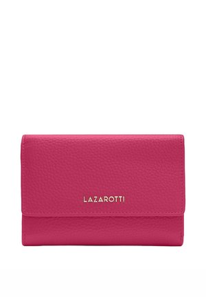 Portafoglio in pelle rosa con finitura texturizzata, accessori in metallo dorato e il nome del marchio "LAZAROTTI" impresso sul davanti. Design rettangolare piegato.