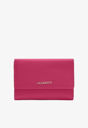 Portefeuille en cuir rose avec une finition texturée, quincaillerie dorée et le nom de la marque "LAZAROTTI" en relief sur le devant. Design rectangulaire replié.