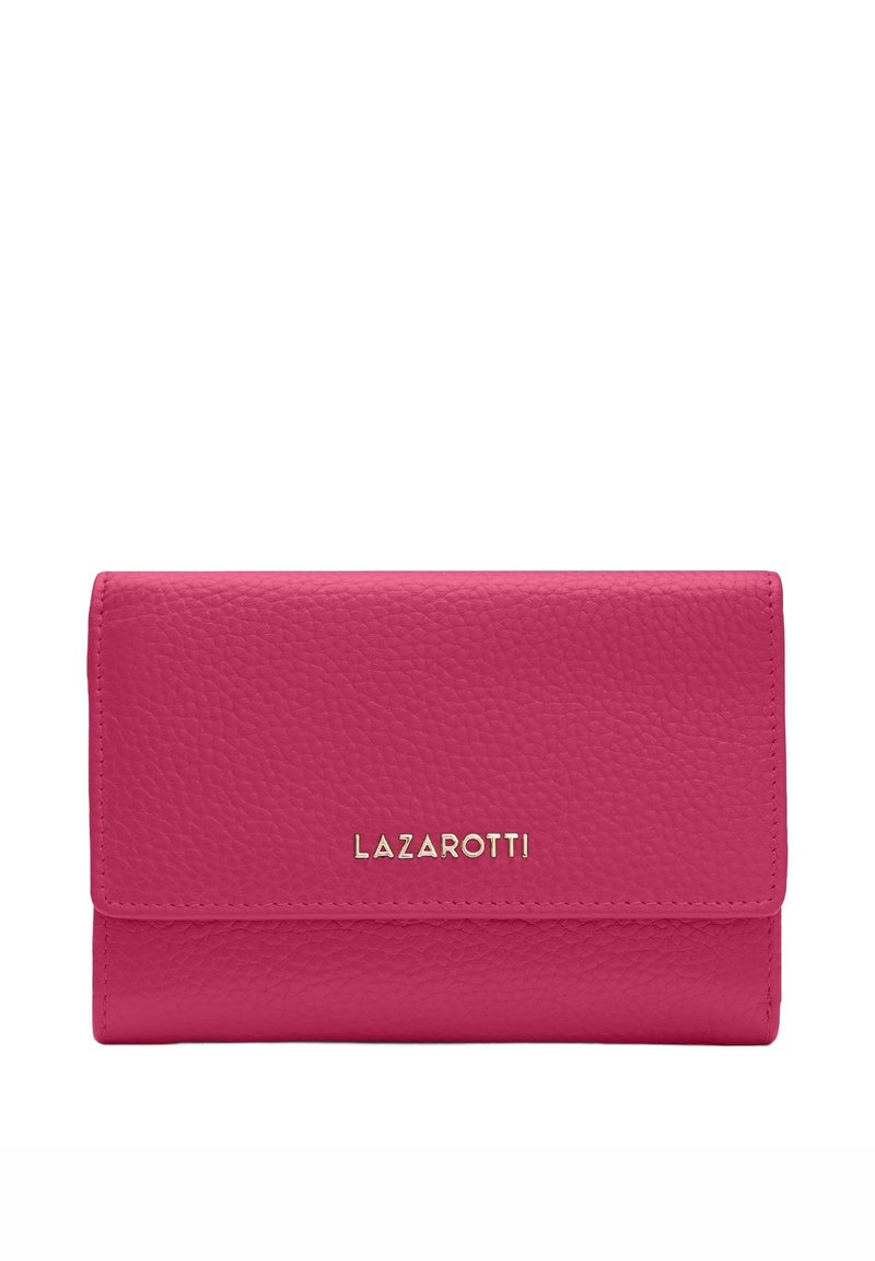 Portafoglio in pelle rosa con finitura texturizzata, accessori in metallo dorato e il nome del marchio "LAZAROTTI" impresso sul davanti. Design rettangolare piegato.