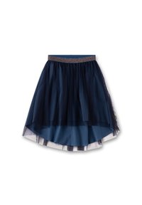 Marineblaue Tüllrock mit glitzerndem Bund, schichtweise Design und asymmetrischem Saum. Futter mit Streifen in wechselnden Farben.