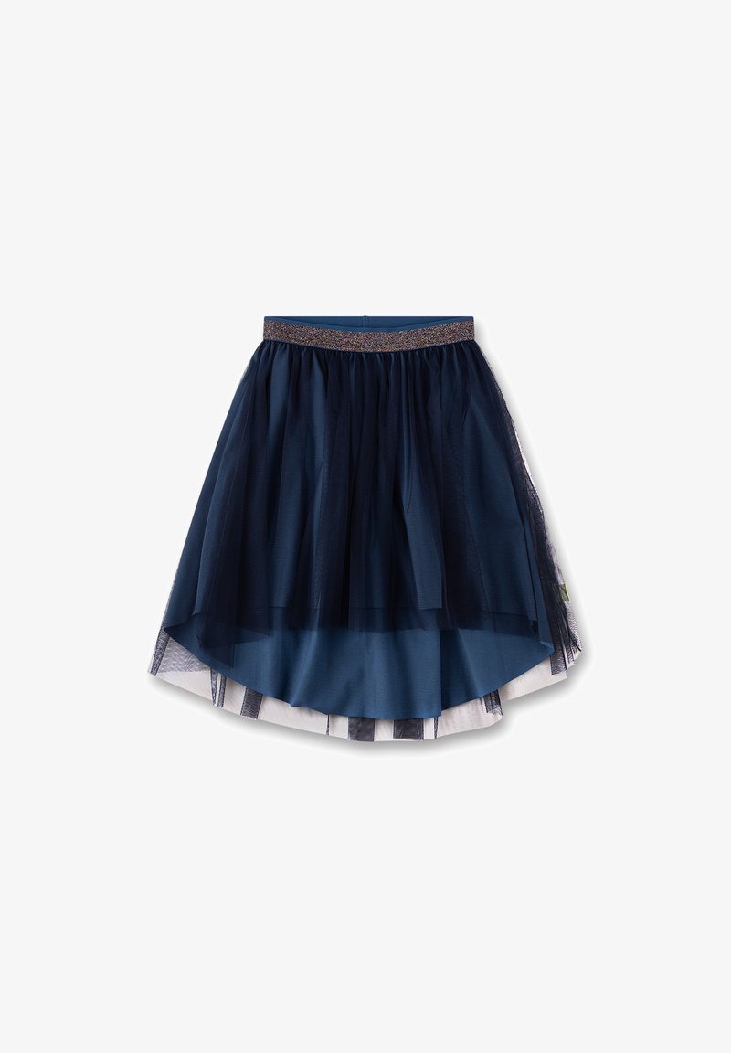 Marineblaue Tüllrock mit glitzerndem Bund, schichtweise Design und asymmetrischem Saum. Futter mit Streifen in wechselnden Farben.