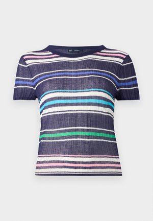 T-shirt met korte mouwen, featuring een marineblauwe basis met horizontale strepen in roze, wit, lichtblauw, groen en donkerblauw. Getextureerde stof.