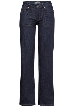 Dunkelblaue Jeans aus Denim mit geradem Bein, zwei Vorderentaschen und kontrastierendem Nähen. Verfügt über einen Knopfverschluss und Gürtelschlaufen.