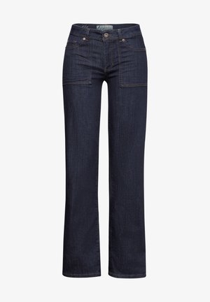 Tummansiniset farkut suoranlahkeisella designilla, kahdella etutaskulla ja eriväriselläommelta. Mukana nappisulku ja vyölenkit.