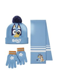 Set invernale per bambini con berretto blu decorato con il volto di un cane e pompon, guanti abbinati con stelle e sciarpa blu con due cani dei cartoni.