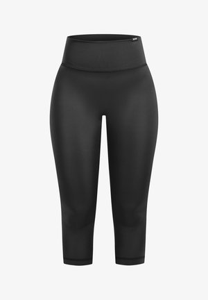 Czarne, dopasowane legginsy capri z wysokim pasem. Wykonane z gładkiego, rozciągliwego materiału z wzmocnionymi szwami wzdłuż krawędzi.