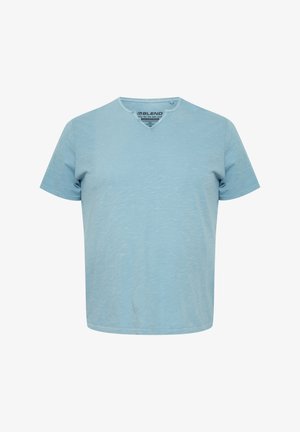 Lichtblauw T-shirt met korte mouwen van zachte stof, met een V-hals en een gladde textuur, met een iets ontspannen pasvorm.