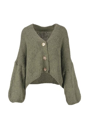 Olivgrüne, kurze Strickjacke aus strukturiertem Stoff, mit tiefem V-Ausschnitt, drei dekorativen Knöpfen und voluminösen Ärmeln.