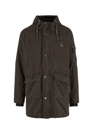 Dunkelbraune Kapuzenjacke aus strapazierfähigem Stoff. Verfügt über einen Knopfverschluss, Fronttaschen und eine Seitentasche mit Logodetail.