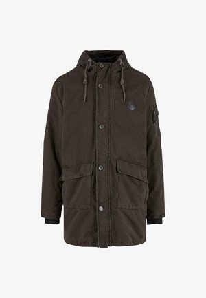 Dunkelbraune Kapuzenjacke aus strapazierfähigem Stoff. Verfügt über einen Knopfverschluss, Fronttaschen und eine Seitentasche mit Logodetail.