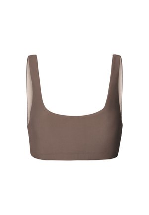 Brązowy dopasowany krótki top z kwadratowym dekoltem i szerokimi ramiączkami. Wykonany z gładkiej, elastycznej tkaniny. Czysty design, bez widocznych szwów.