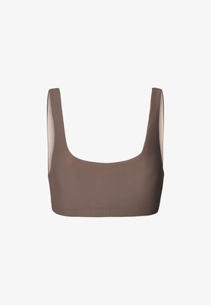 Brun, tætsiddende crop top med firkantet halsudskæring og brede skulderstropper. Fremstillet af glat, elastisk stof. Rent design uden synlige sømme.