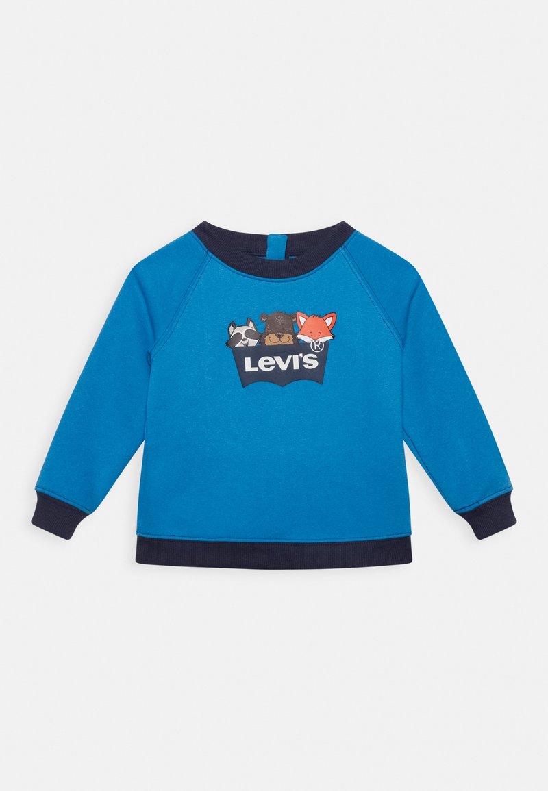 Modrá mikina se námořnickými akcenty, s grafikou tří kreslených zvířat nad logem "Levi's". Měkký materiál a uvolněný střih.