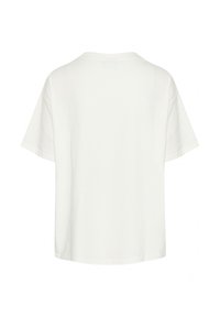 T-shirt in cotone bianco con maniche corte e vestibilità rilassata, caratterizzato da un colletto rotondo e una superficie liscia e uniforme.