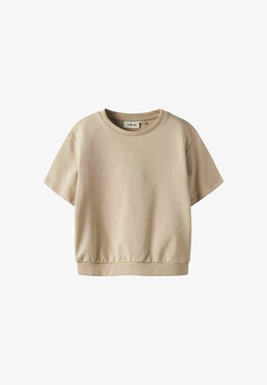 Sudadera corta beige de manga corta con cuello redondo y dobladillo elástico. Fabricada en suave algodón, presenta un diseño de corte suelto y sencillo.