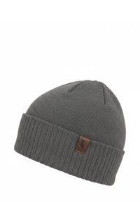 Berretto grigio lavorato a maglia con polsino a coste e una piccola toppa di pelle marrone con logo, caratterizzato da una superficie strutturata per calore e comfort.