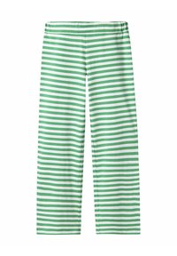 Pantalons larges rayés en tissu doux, présentant des rayures horizontales alternées vertes et blanches, avec une taille élastique.