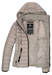 Light beige puffer jacket with a quilted design, hood, and zippered pockets. Interior features a smooth lining and brand label.