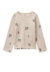 Μπεζ ανοιχτόχρωμο τοπ με μακριά μανίκια, κατασκευασμένο από ριμπ ύφασμα, με παστέλ ροδακινί λουλουδένια σχέδια και βολάν στο τελείωμα και τις μανσέτες για επιπλέον υφή.