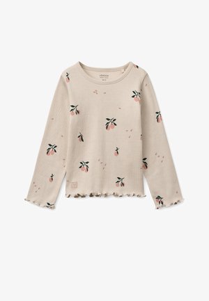 Světlé béžové tričko s dlouhým rukávem z žebrovaného materiálu, s potiskem pastelových broskvových květin a volánkovým lemem a manžetami pro zvýraznění textury.