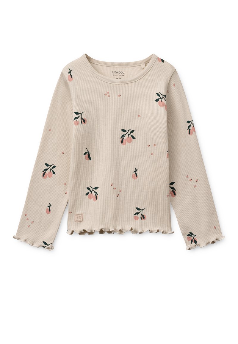 Μπεζ ανοιχτόχρωμο τοπ με μακριά μανίκια, κατασκευασμένο από ριμπ ύφασμα, με παστέλ ροδακινί λουλουδένια σχέδια και βολάν στο τελείωμα και τις μανσέτες για επιπλέον υφή.