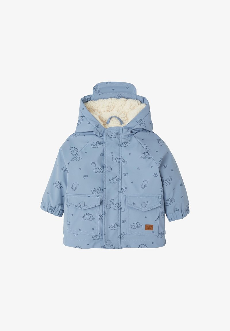 Veste bleu clair pour tout-petit avec capuche, motifs de dinosaures, deux poches avant avec boutons et doublure en polaire blanche douce à l'intérieur de la capuche.