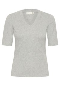Szara krótko-sleeve koszulka V-neck wykonana z miękkiego prążkowanego materiału, charakteryzująca się dopasowanym krojem, czystymi szwami i gładką teksturą.