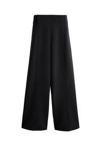 Højtaljede sorte bukser med vidde i benene, lodrette sømme og en lige kant, vist mod en hvid baggrund.