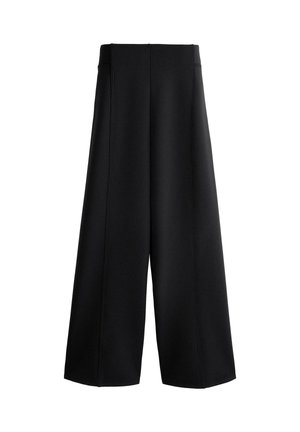 Pantaloni neri a vita alta e gamba larga con cuciture verticali e orlo dritto, esposti su uno sfondo bianco.