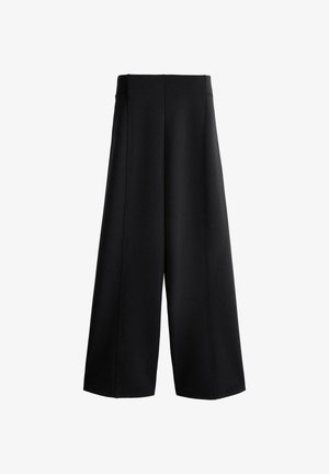 Črne široke hlače z visokim pasom, z navpičnimi šivi in ravnim robom, prikazane na belem ozadju.