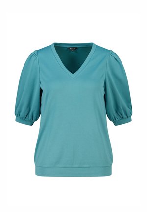 Turkooizen blouse met korte mouwen, een V-hals, pofmouwen en geribbelde boorden en zoom, maat medium.