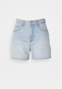 Světle modré džínové šortky s vysokým pasem, designem s pěti kapsami a knoflíkovou légou. Mají mírné vyblednutí a prošitý lem.