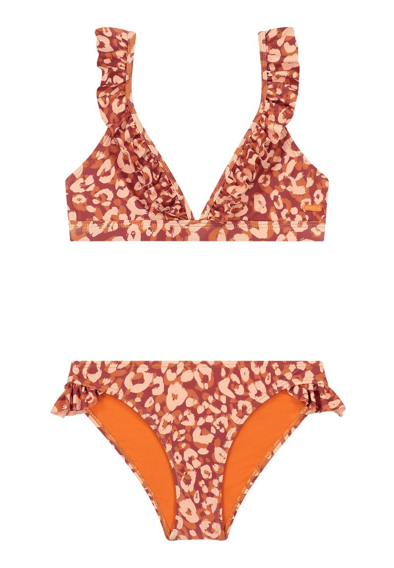 Leopárdmintás bikini szett, fodros háromszög top részlettel, narancssárga aljjal, és illeszkedő fodros oldalsó díszítéssel a bikini alsó részén.