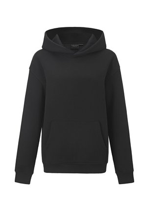 Schwarzer Hoodie aus weichem Stoff mit Kängurutasche, Kapuze mit Kordelzug sowie gerippten Bündchen und Saum. Schlichtes, lässiges Design mit lockerem Schnitt.